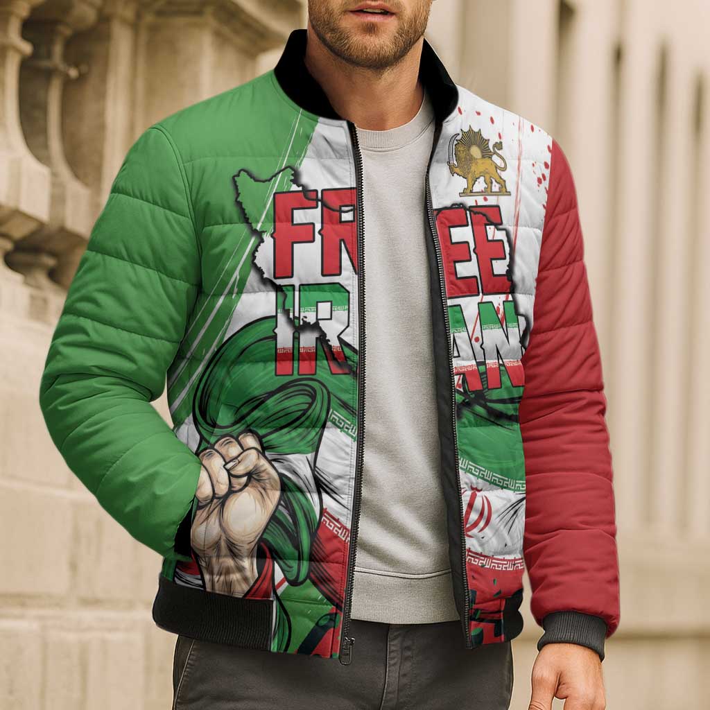 Free Iran Lion and Sun Personalized Bomber Puffer Jacket Persian Freedom Protest