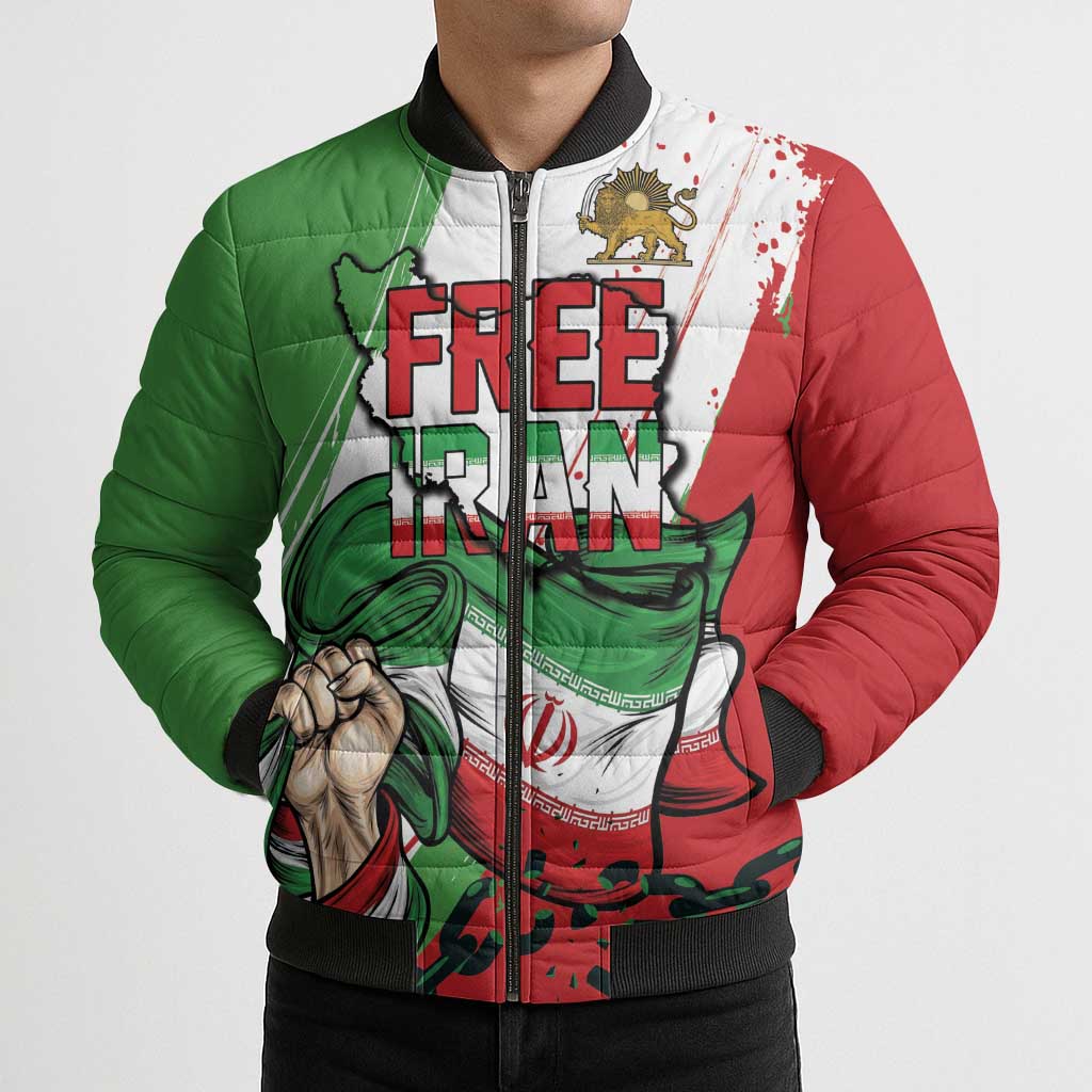 Free Iran Lion and Sun Personalized Bomber Puffer Jacket Persian Freedom Protest