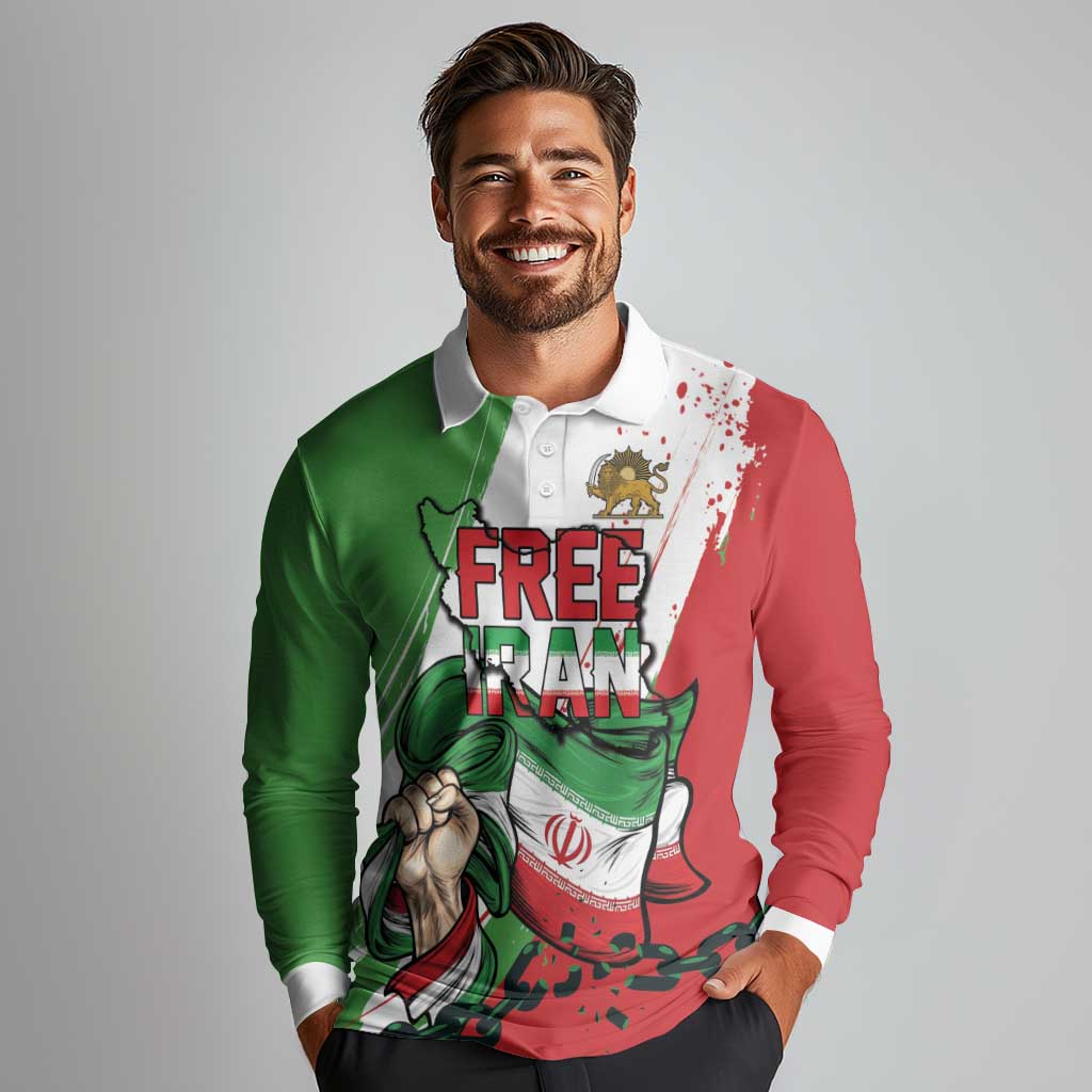 Free Iran Lion and Sun Personalized Long Sleeve Polo Shirt Persian Freedom Protest