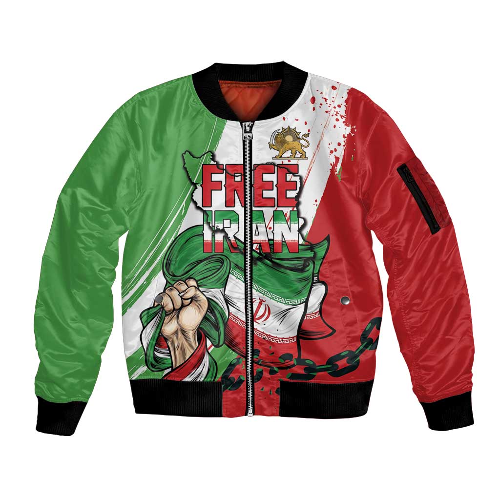 Free Iran Lion and Sun Personalized Sleeve Zip Bomber Jacket Persian Freedom Protest