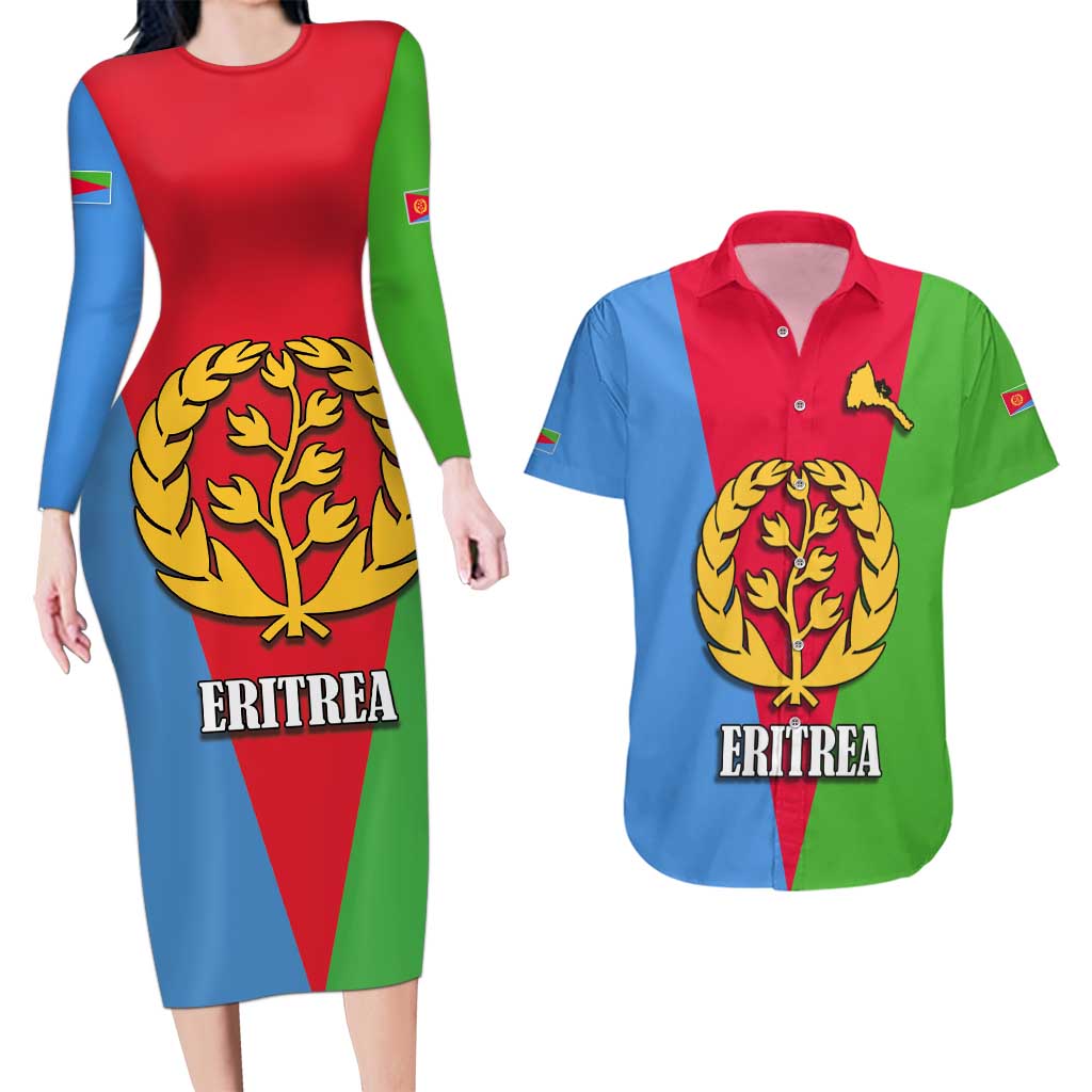 Personalized Eritrea Emblem Couples Matching Long Sleeve Bodycon Dress and Hawaiian Shirt With Flag Color - Wonder Print Shop
