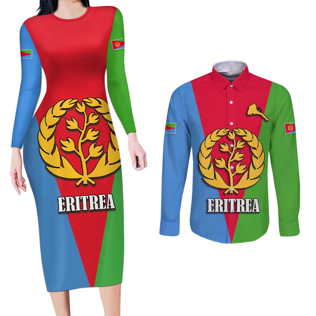 Personalized Eritrea Emblem Couples Matching Long Sleeve Bodycon Dress and Long Sleeve Button Shirt With Flag Color - Wonder Print Shop