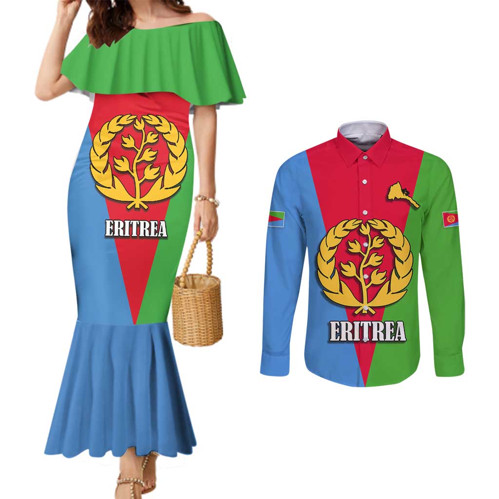 Personalized Eritrea Emblem Couples Matching Mermaid Dress and Long Sleeve Button Shirt With Flag Color