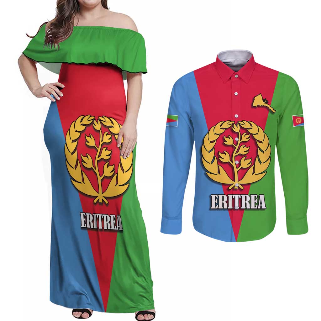 Personalized Eritrea Emblem Couples Matching Off Shoulder Maxi Dress and Long Sleeve Button Shirt With Flag Color - Wonder Print Shop