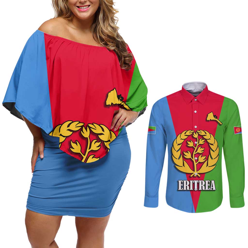 Personalized Eritrea Emblem Couples Matching Off Shoulder Short Dress and Long Sleeve Button Shirt With Flag Color - Wonder Print Shop