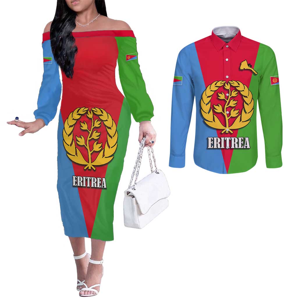 Personalized Eritrea Emblem Couples Matching Off The Shoulder Long Sleeve Dress and Long Sleeve Button Shirt With Flag Color