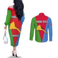 Personalized Eritrea Emblem Couples Matching Off The Shoulder Long Sleeve Dress and Long Sleeve Button Shirt With Flag Color
