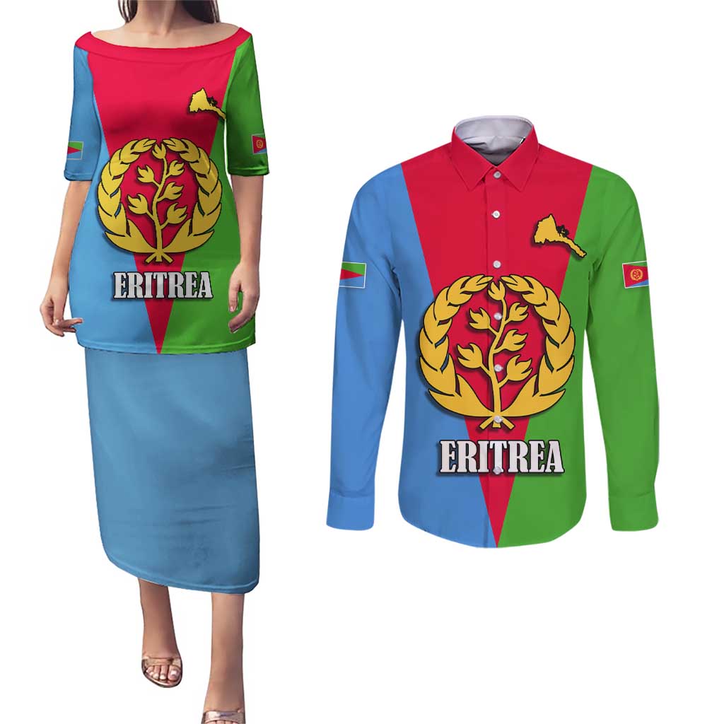 Personalized Eritrea Emblem Couples Matching Puletasi and Long Sleeve Button Shirt With Flag Color - Wonder Print Shop