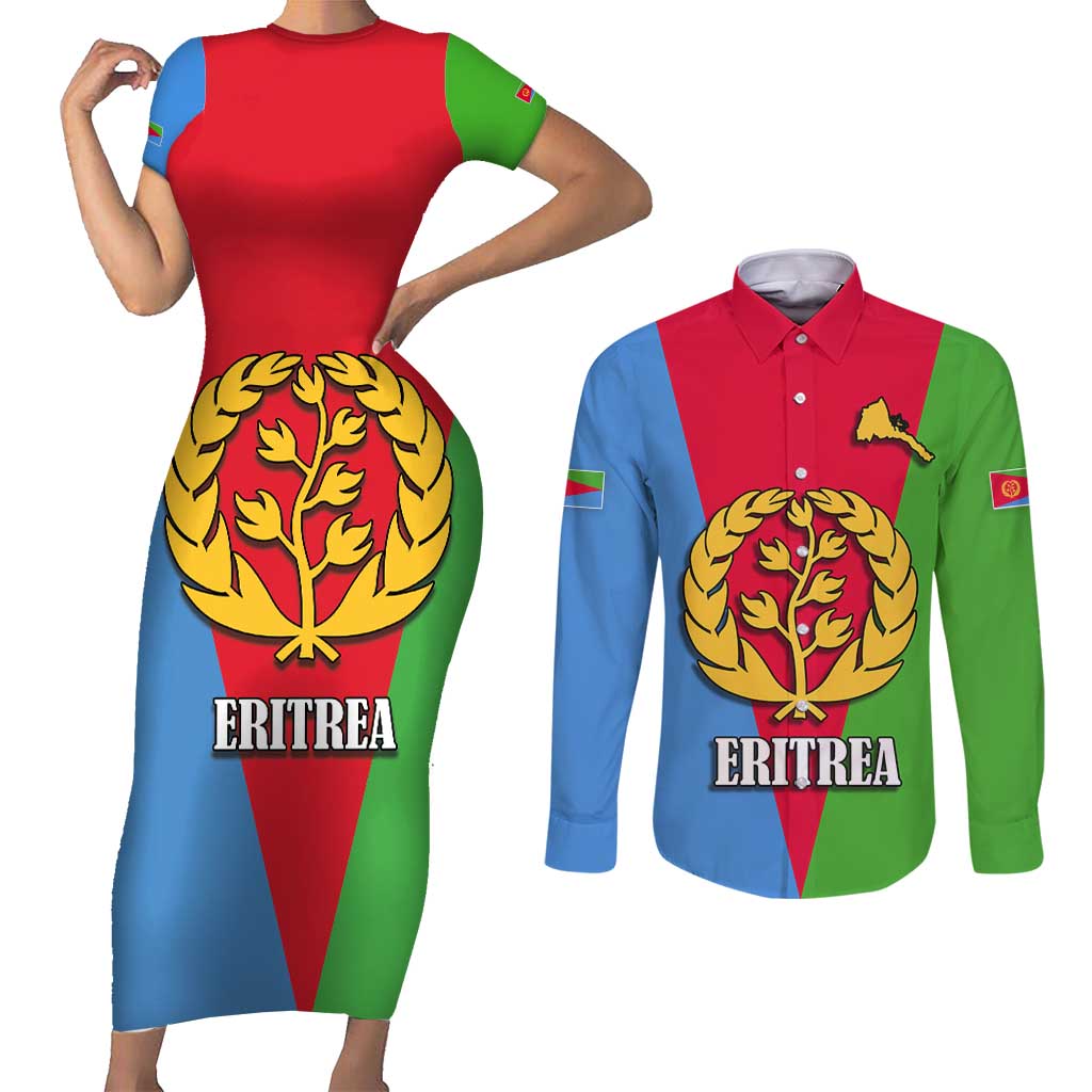 Personalized Eritrea Emblem Couples Matching Short Sleeve Bodycon Dress and Long Sleeve Button Shirt With Flag Color - Wonder Print Shop