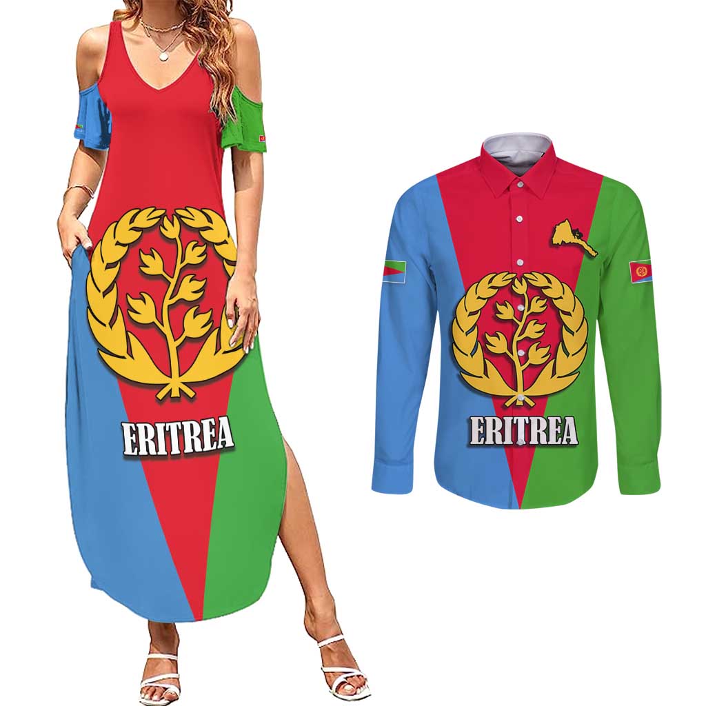 Personalized Eritrea Emblem Couples Matching Summer Maxi Dress and Long Sleeve Button Shirt With Flag Color - Wonder Print Shop