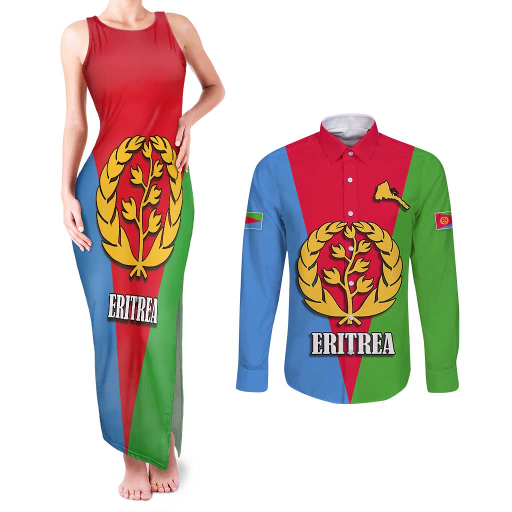 Personalized Eritrea Emblem Couples Matching Tank Maxi Dress and Long Sleeve Button Shirt With Flag Color - Wonder Print Shop