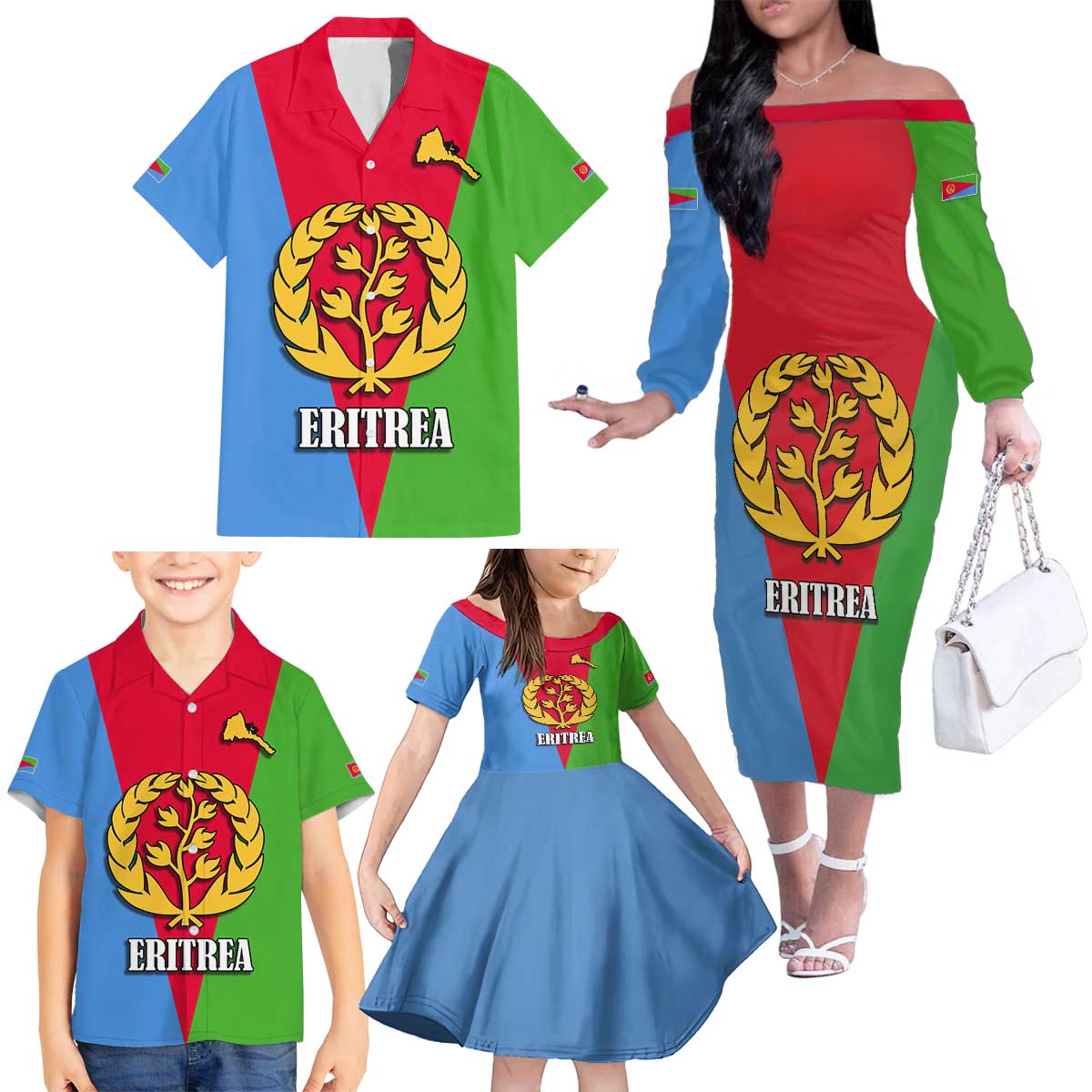 Personalized Eritrea Emblem Family Matching Off The Shoulder Long Sleeve Dress and Hawaiian Shirt With Flag Color - Wonder Print Shop
