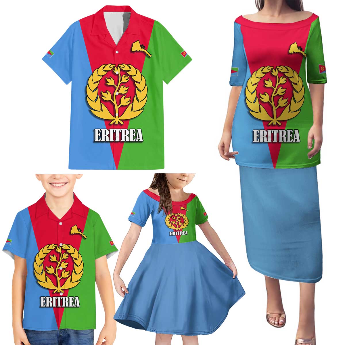 Personalized Eritrea Emblem Family Matching Puletasi and Hawaiian Shirt With Flag Color - Wonder Print Shop