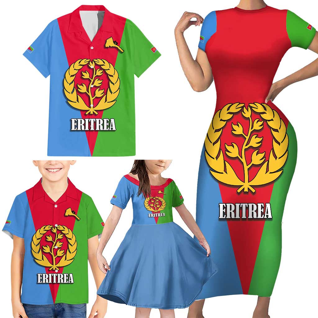 Personalized Eritrea Emblem Family Matching Short Sleeve Bodycon Dress and Hawaiian Shirt With Flag Color - Wonder Print Shop