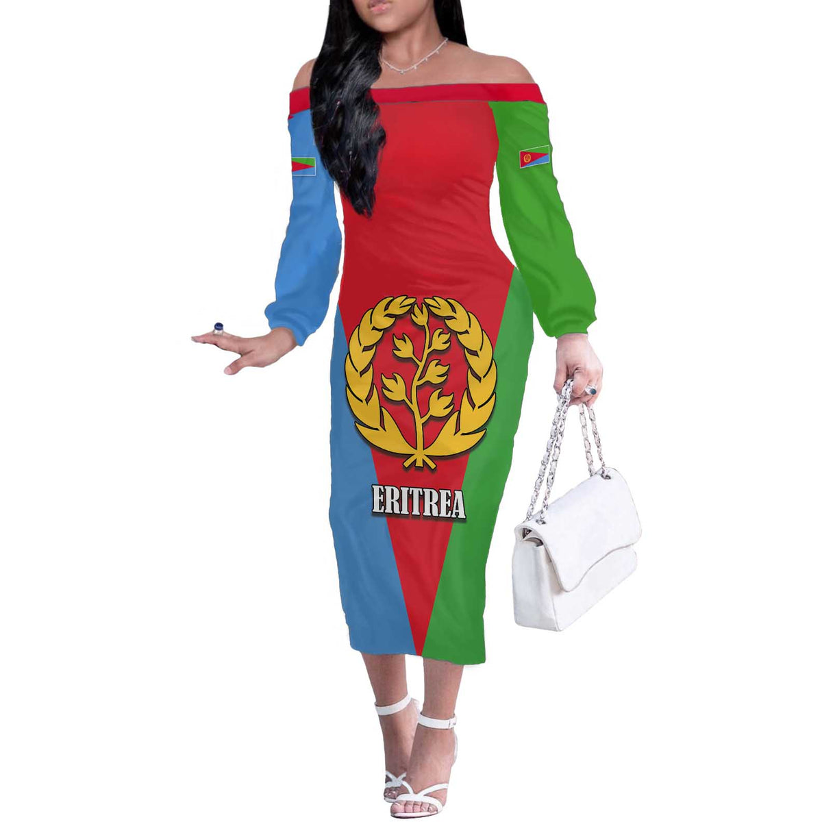 Personalized Eritrea Emblem Off The Shoulder Long Sleeve Dress With Flag Color - Wonder Print Shop