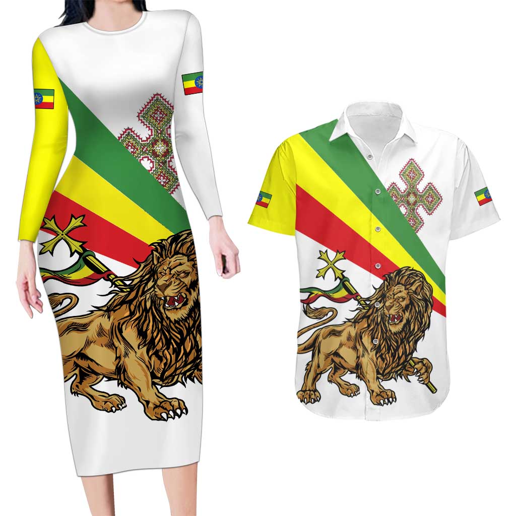 Ethiopia Couples Matching Long Sleeve Bodycon Dress and Hawaiian Shirt Lion Of Judah Emblem With Cross - Wonder Print Shop
