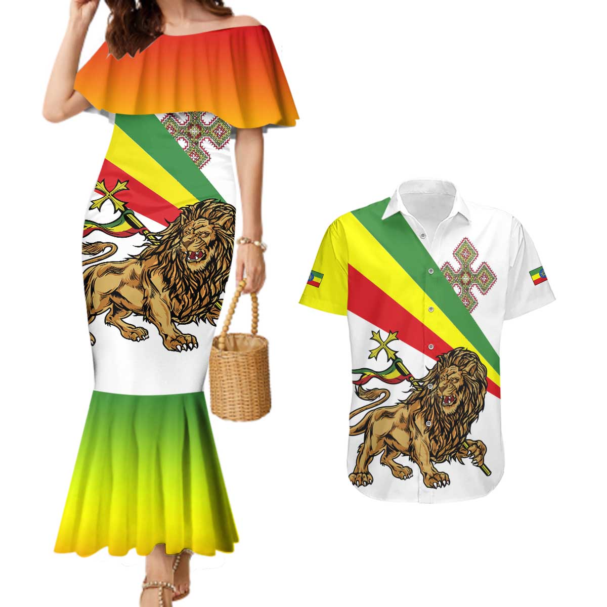 Ethiopia Couples Matching Mermaid Dress and Hawaiian Shirt Lion Of Judah Emblem With Cross - Wonder Print Shop