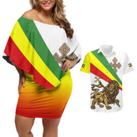 Ethiopia Couples Matching Off Shoulder Short Dress and Hawaiian Shirt Lion Of Judah Emblem With Cross - Wonder Print Shop