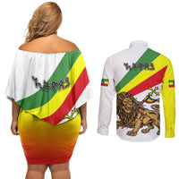 Ethiopia Couples Matching Off Shoulder Short Dress and Long Sleeve Button Shirt Lion Of Judah Emblem With Cross - Wonder Print Shop