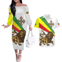 Ethiopia Couples Matching Off The Shoulder Long Sleeve Dress and Hawaiian Shirt Lion Of Judah Emblem With Cross - Wonder Print Shop