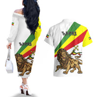 Ethiopia Couples Matching Off The Shoulder Long Sleeve Dress and Hawaiian Shirt Lion Of Judah Emblem With Cross - Wonder Print Shop
