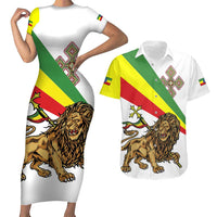 Ethiopia Couples Matching Short Sleeve Bodycon Dress and Hawaiian Shirt Lion Of Judah Emblem With Cross - Wonder Print Shop