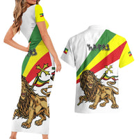 Ethiopia Couples Matching Short Sleeve Bodycon Dress and Hawaiian Shirt Lion Of Judah Emblem With Cross - Wonder Print Shop