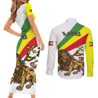 Ethiopia Couples Matching Short Sleeve Bodycon Dress and Long Sleeve Button Shirt Lion Of Judah Emblem With Cross - Wonder Print Shop