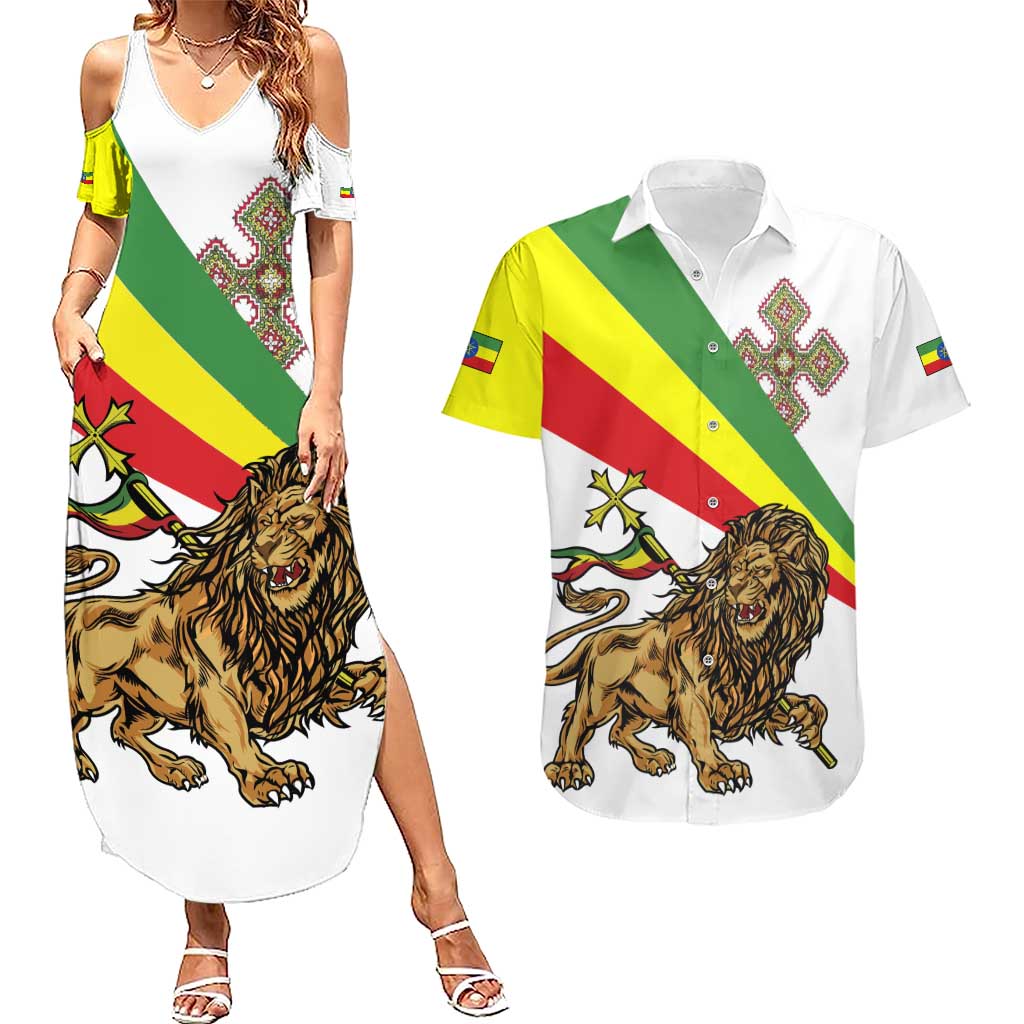 Ethiopia Couples Matching Summer Maxi Dress and Hawaiian Shirt Lion Of Judah Emblem With Cross - Wonder Print Shop