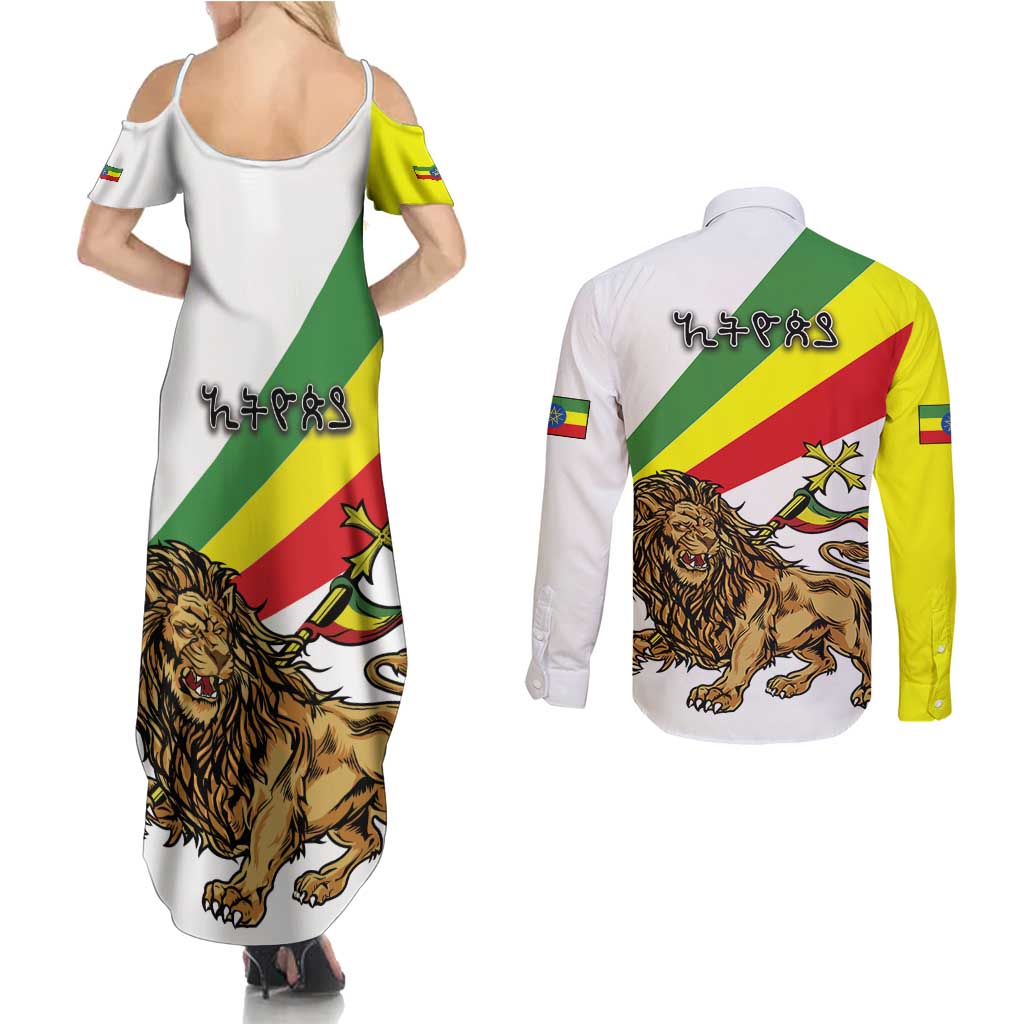 Ethiopia Couples Matching Summer Maxi Dress and Long Sleeve Button Shirt Lion Of Judah Emblem With Cross - Wonder Print Shop