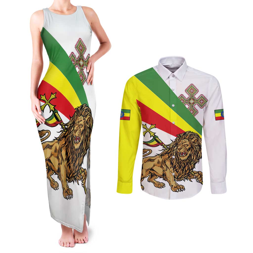 Ethiopia Couples Matching Tank Maxi Dress and Long Sleeve Button Shirt Lion Of Judah Emblem With Cross - Wonder Print Shop