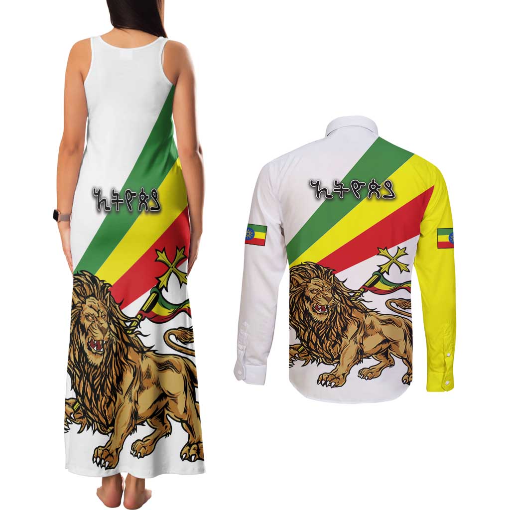 Ethiopia Couples Matching Tank Maxi Dress and Long Sleeve Button Shirt Lion Of Judah Emblem With Cross - Wonder Print Shop