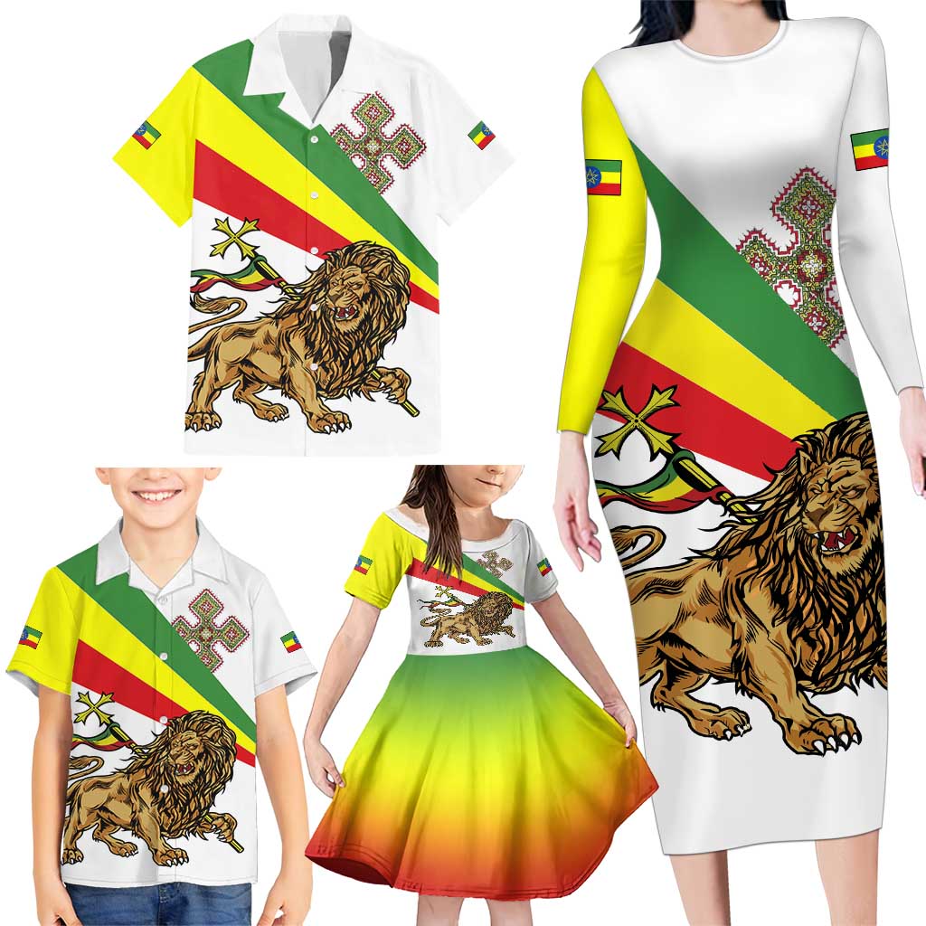 Ethiopia Family Matching Long Sleeve Bodycon Dress and Hawaiian Shirt Lion Of Judah Emblem With Cross - Wonder Print Shop
