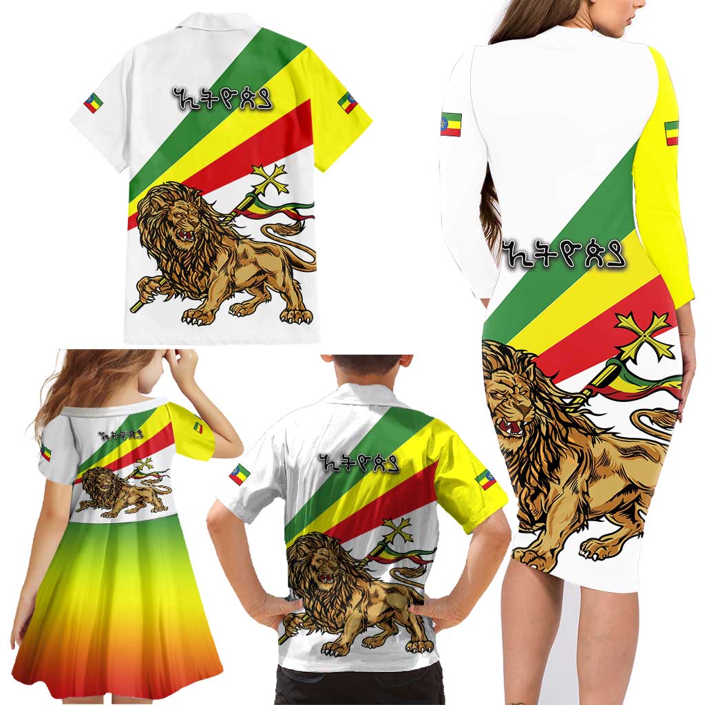 Ethiopia Family Matching Long Sleeve Bodycon Dress and Hawaiian Shirt Lion Of Judah Emblem With Cross - Wonder Print Shop