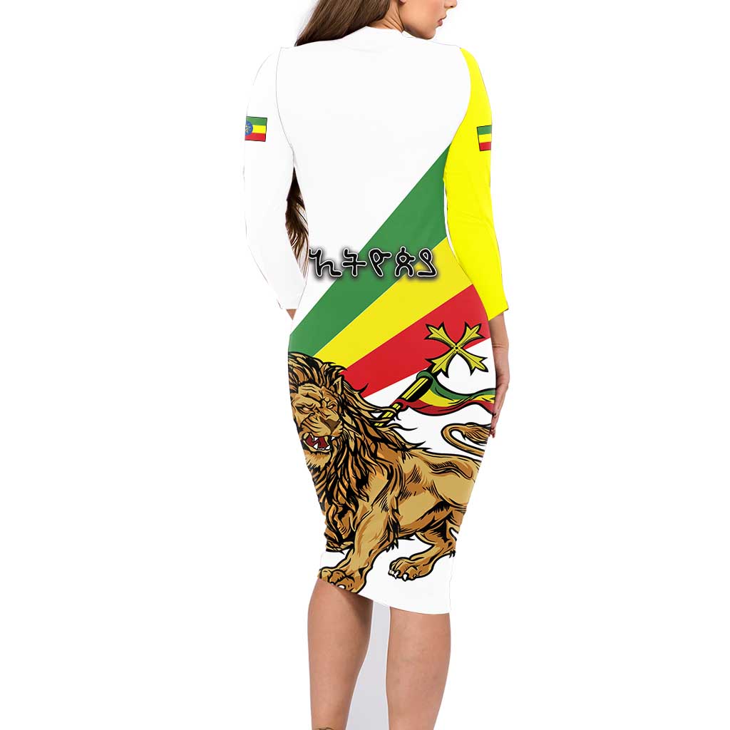 Ethiopia Family Matching Long Sleeve Bodycon Dress and Hawaiian Shirt Lion Of Judah Emblem With Cross - Wonder Print Shop