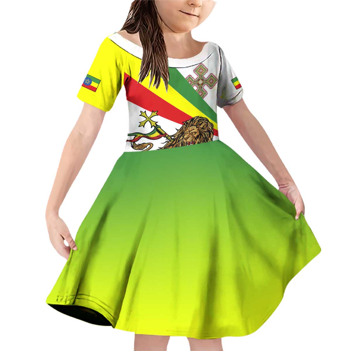 Ethiopia Family Matching Off Shoulder Short Dress and Hawaiian Shirt Lion Of Judah Emblem With Cross - Wonder Print Shop