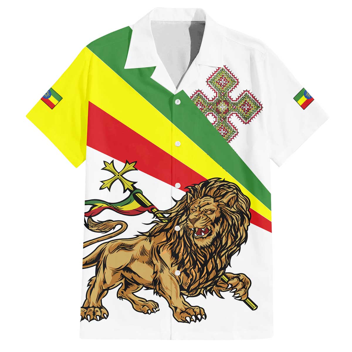 Ethiopia Family Matching Off Shoulder Short Dress and Hawaiian Shirt Lion Of Judah Emblem With Cross - Wonder Print Shop
