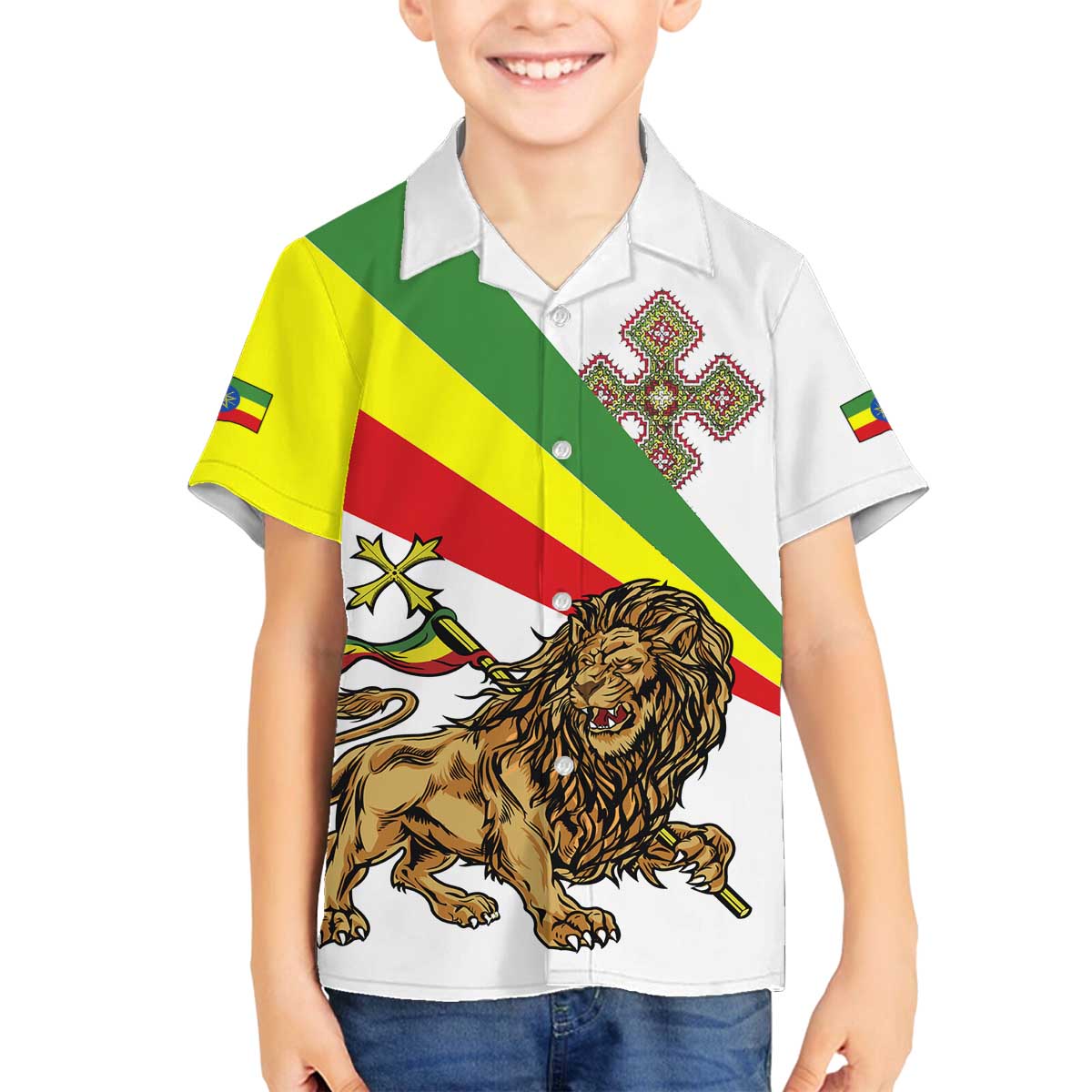 Ethiopia Family Matching Off Shoulder Short Dress and Hawaiian Shirt Lion Of Judah Emblem With Cross - Wonder Print Shop