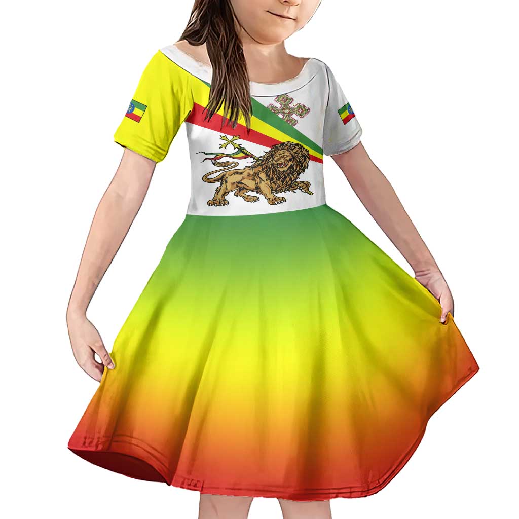 Ethiopia Family Matching Short Sleeve Bodycon Dress and Hawaiian Shirt Lion Of Judah Emblem With Cross - Wonder Print Shop