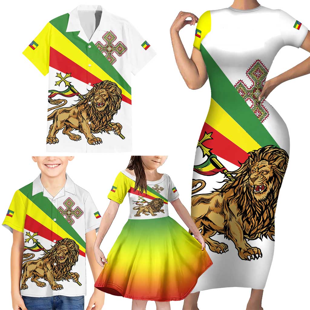 Ethiopia Family Matching Short Sleeve Bodycon Dress and Hawaiian Shirt Lion Of Judah Emblem With Cross - Wonder Print Shop