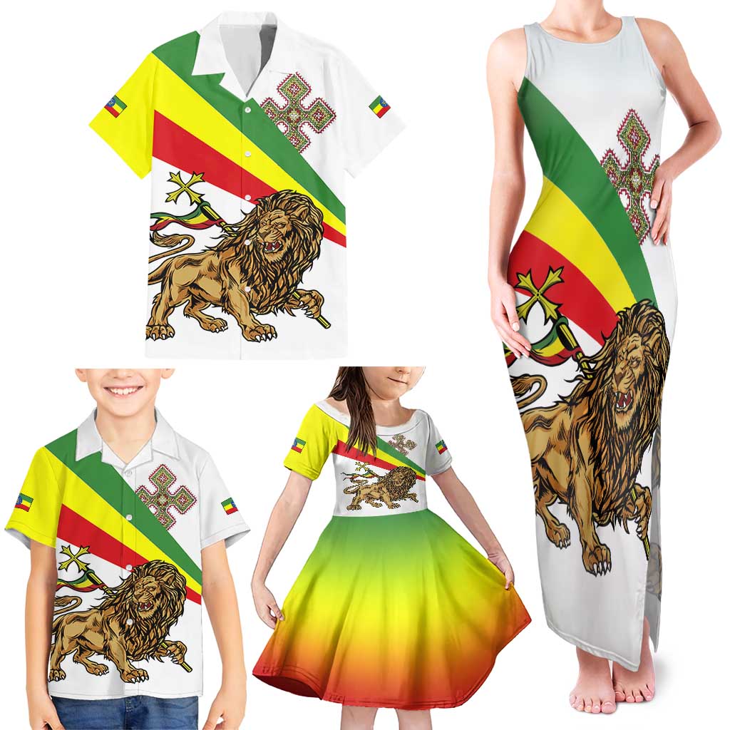 Ethiopia Family Matching Tank Maxi Dress and Hawaiian Shirt Lion Of Judah Emblem With Cross - Wonder Print Shop