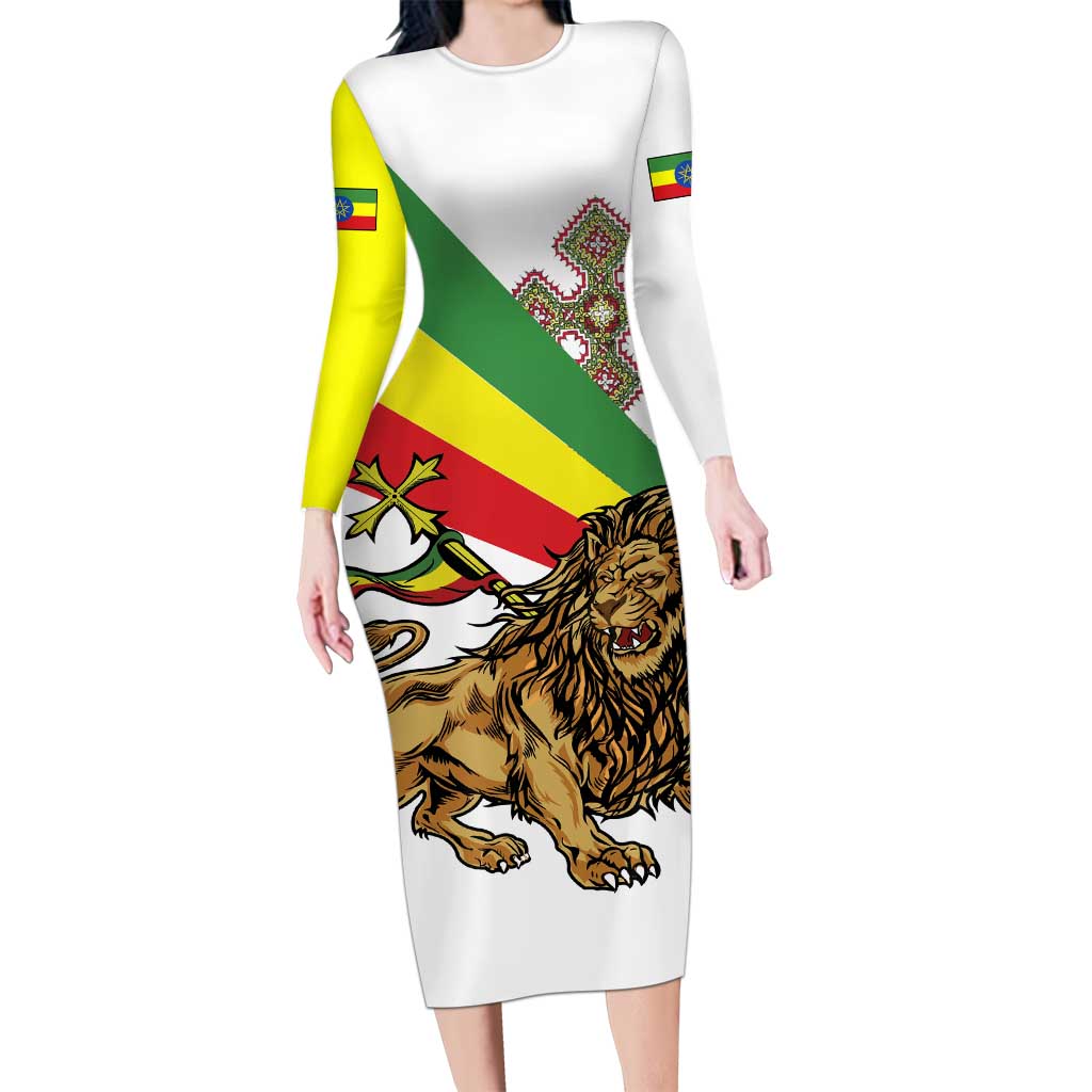 Ethiopia Long Sleeve Bodycon Dress Lion Of Judah Emblem With Cross - Wonder Print Shop