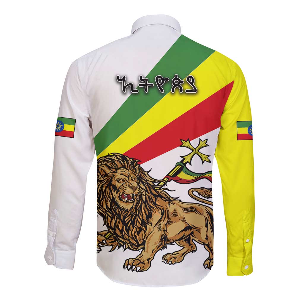 Ethiopia Long Sleeve Button Shirt Lion Of Judah Emblem With Cross - Wonder Print Shop