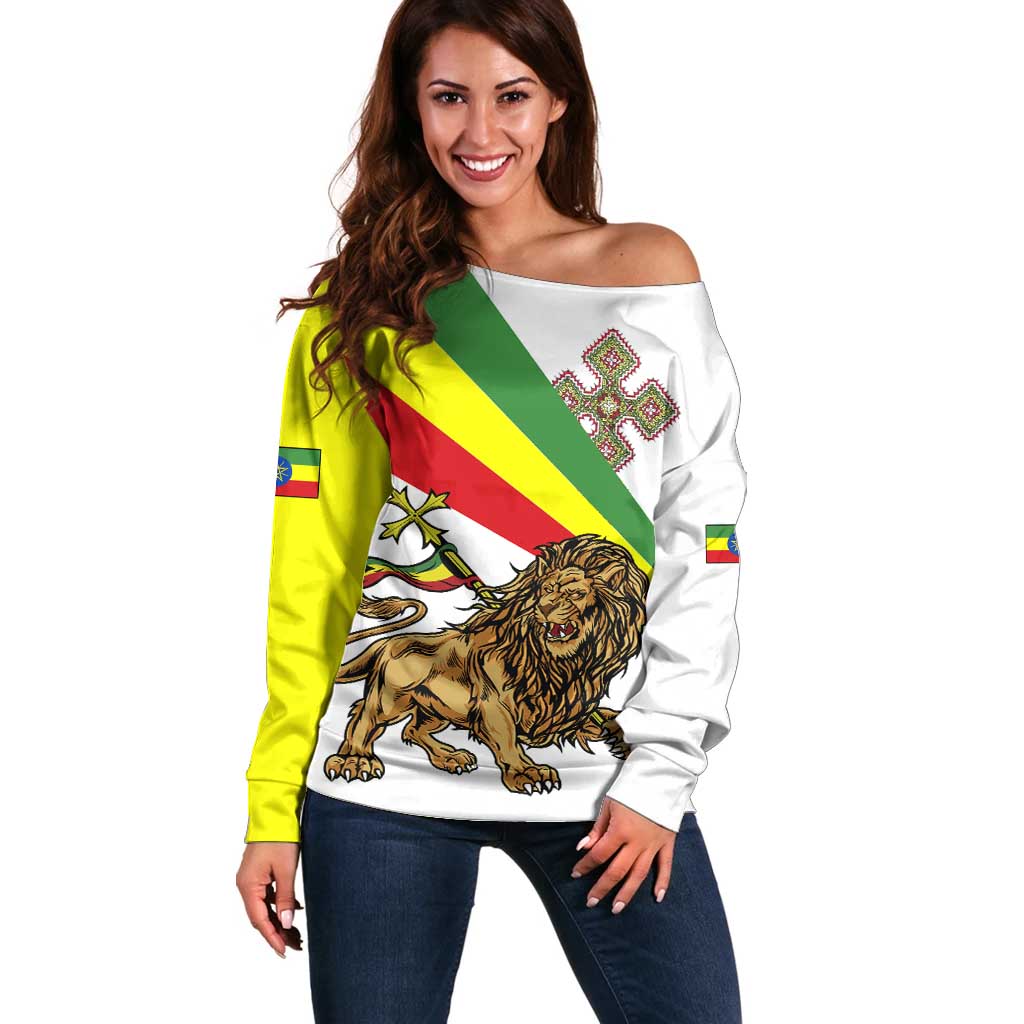 Ethiopia Off Shoulder Sweater Lion Of Judah Emblem With Cross - Wonder Print Shop