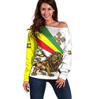Ethiopia Off Shoulder Sweater Lion Of Judah Emblem With Cross - Wonder Print Shop