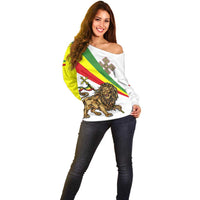 Ethiopia Off Shoulder Sweater Lion Of Judah Emblem With Cross - Wonder Print Shop