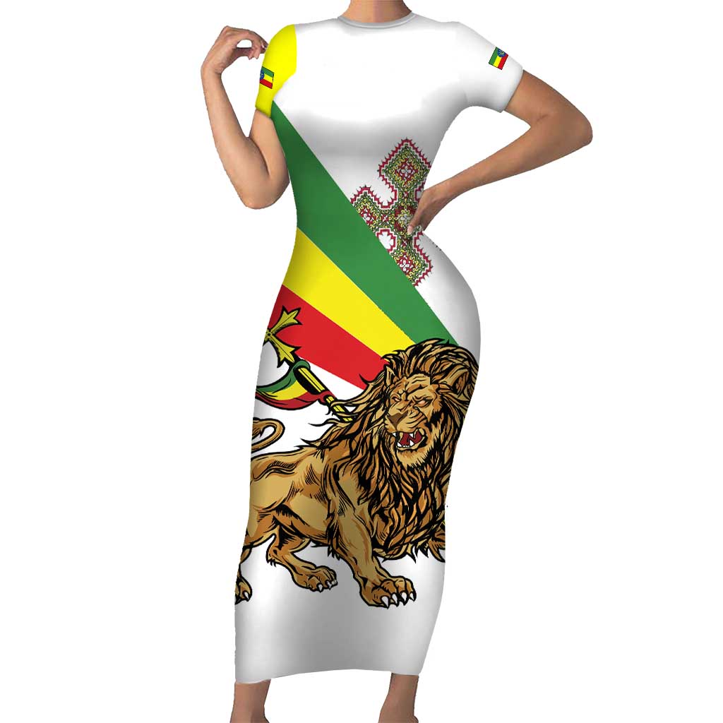 Ethiopia Short Sleeve Bodycon Dress Lion Of Judah Emblem With Cross - Wonder Print Shop