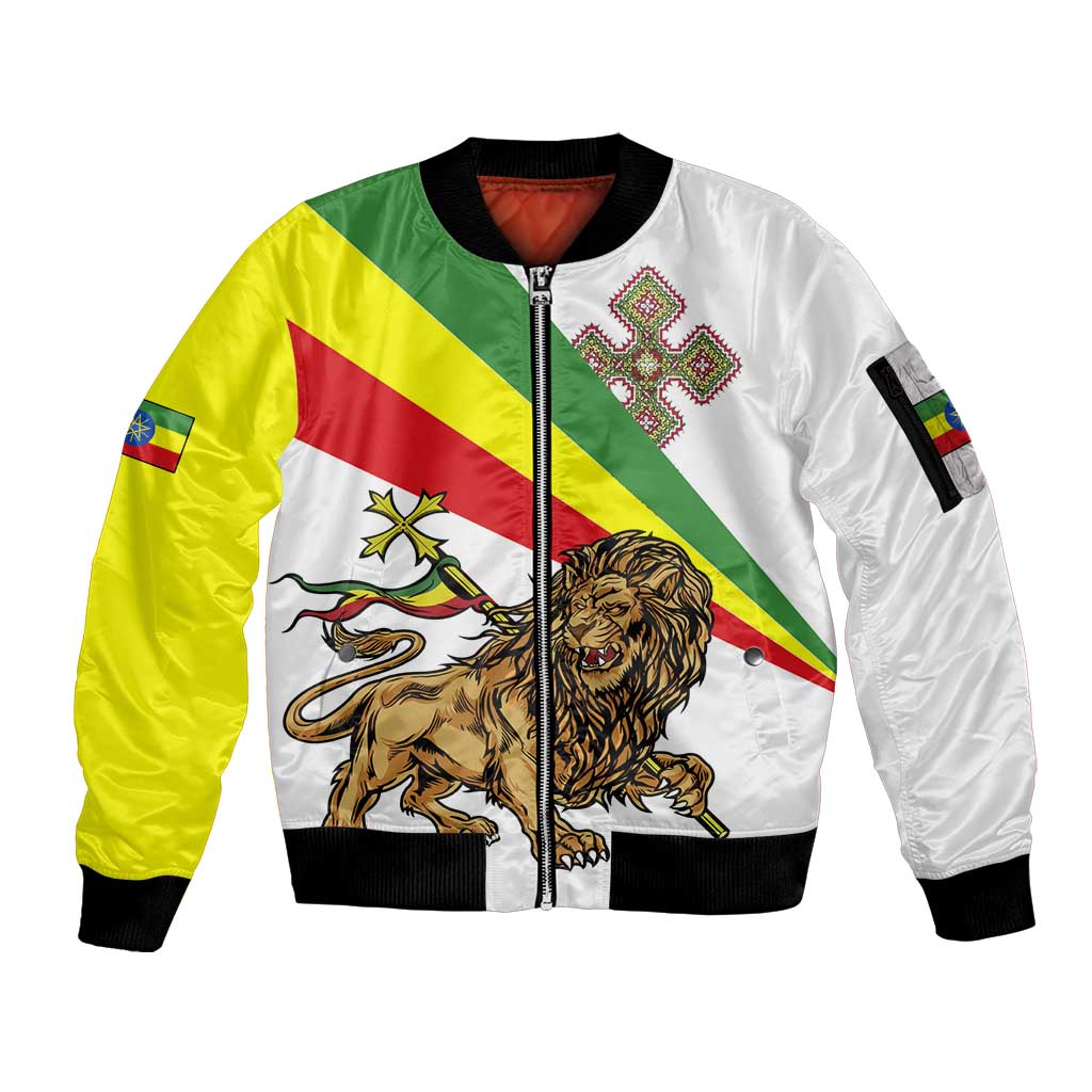 Ethiopia Sleeve Zip Bomber Jacket Lion Of Judah Emblem With Cross - Wonder Print Shop