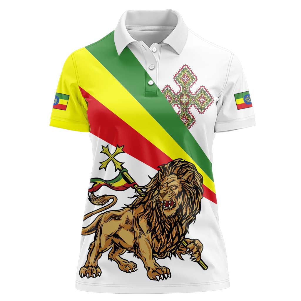 Ethiopia Women Polo Shirt Lion Of Judah Emblem With Cross - Wonder Print Shop