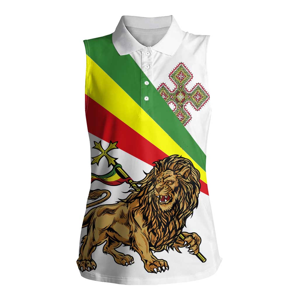 Ethiopia Women Sleeveless Polo Shirt Lion Of Judah Emblem With Cross - Wonder Print Shop